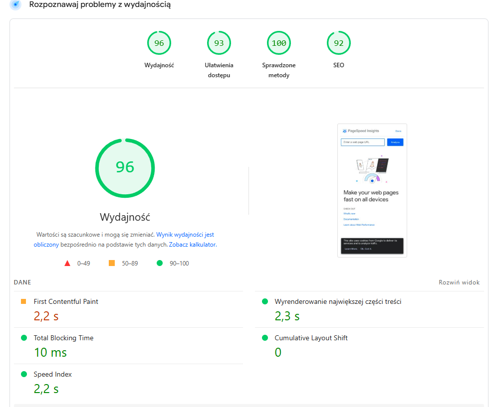 Błędy SEO 2025 – przykład raportu PageSpeed Insights z oceną wydajności