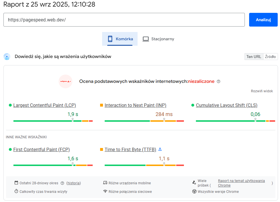 Narzędzia SEO – raport Google PageSpeed Insights dla wersji mobilnej